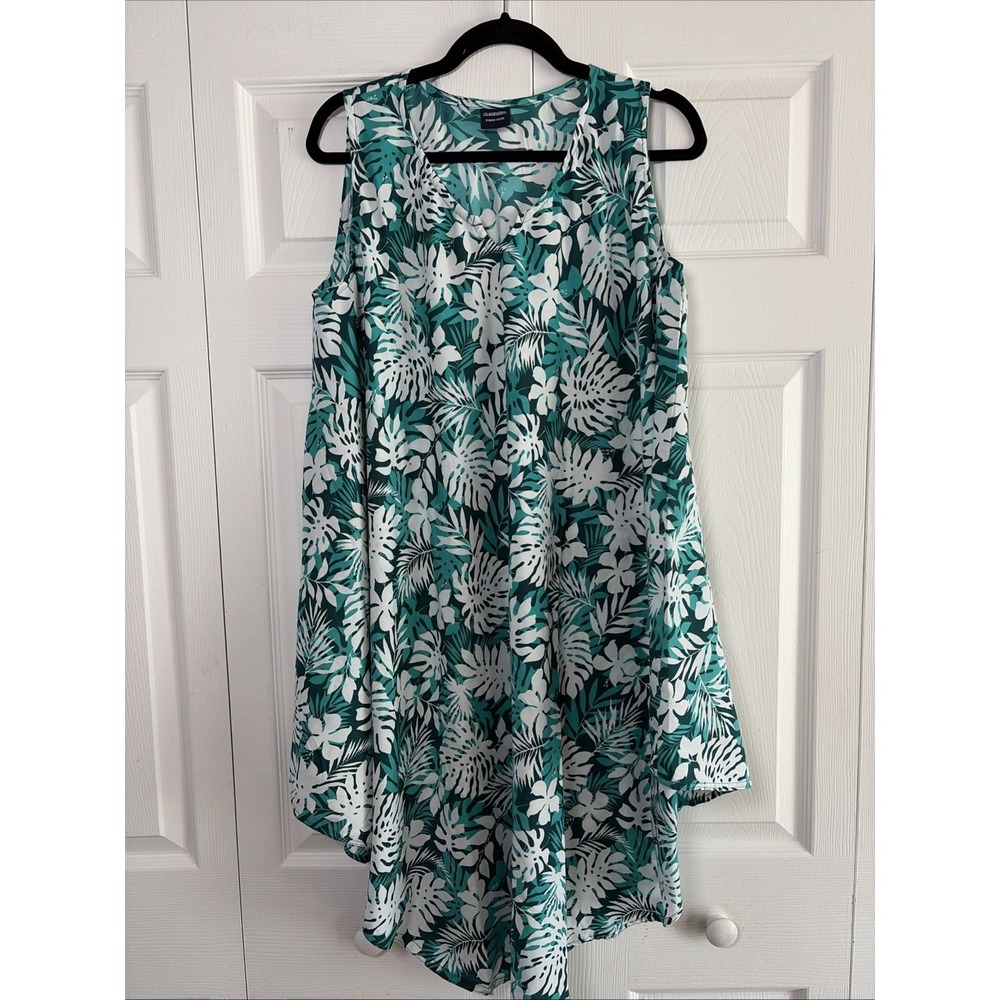 Cleopatra Tropical Leaf Tunic Womens Size OS Teal White Rayon Sharkbite V-Neck